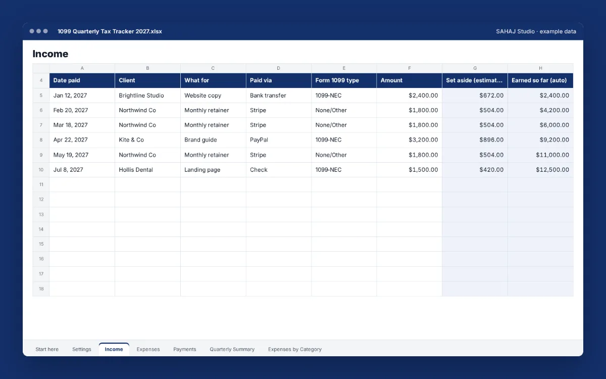 1099 Quarterly Tax Tracker Spreadsheet for Freelancers: spreadsheet tab 3