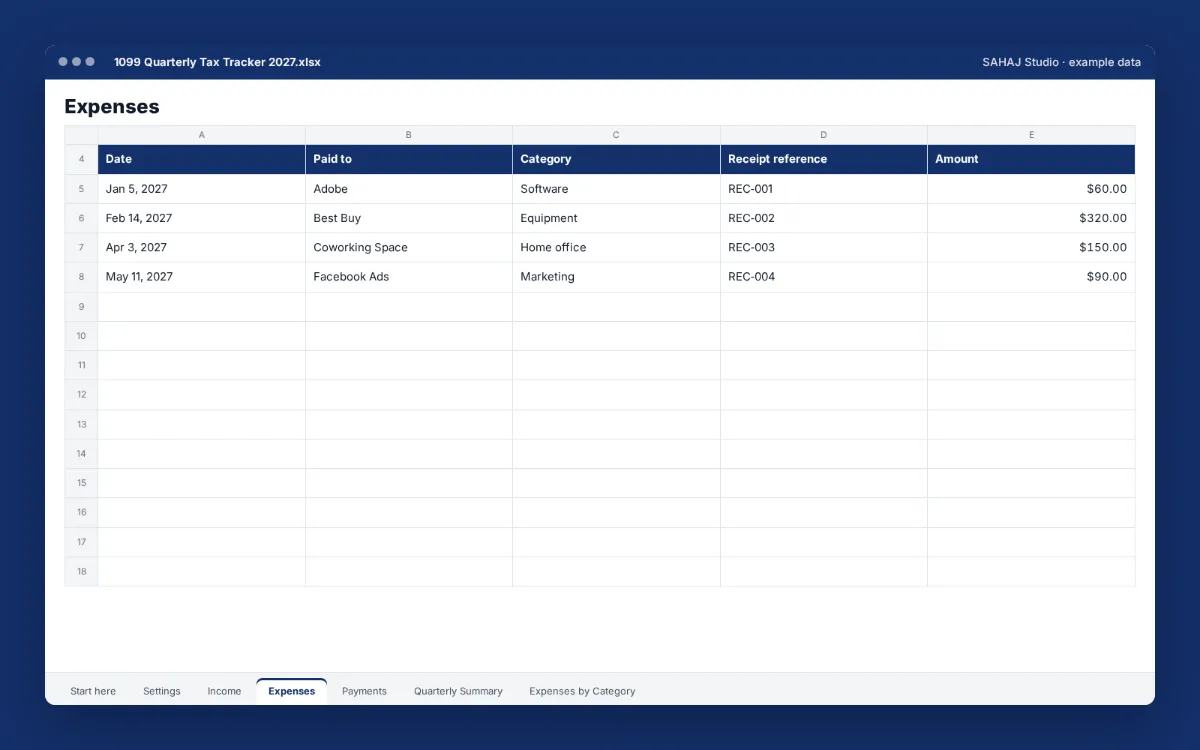 1099 Quarterly Tax Tracker Spreadsheet for Freelancers: spreadsheet tab 4
