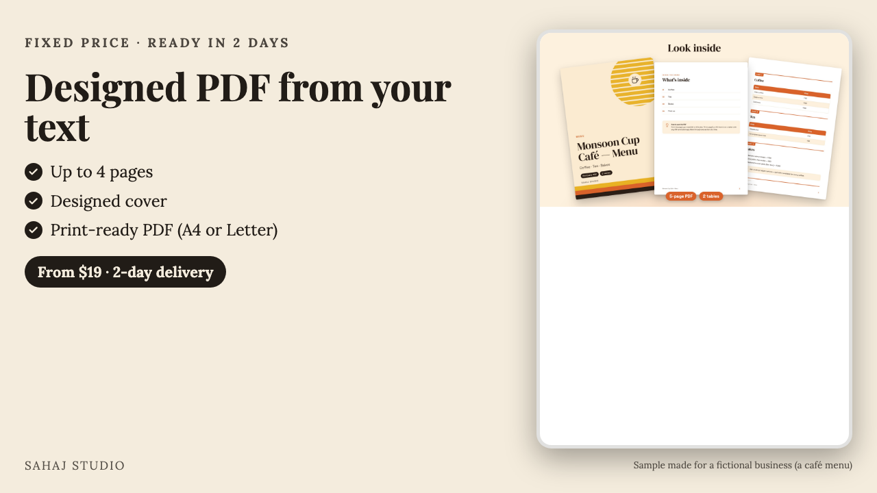 Designed PDF from your text — menu, price list, brochure or guide